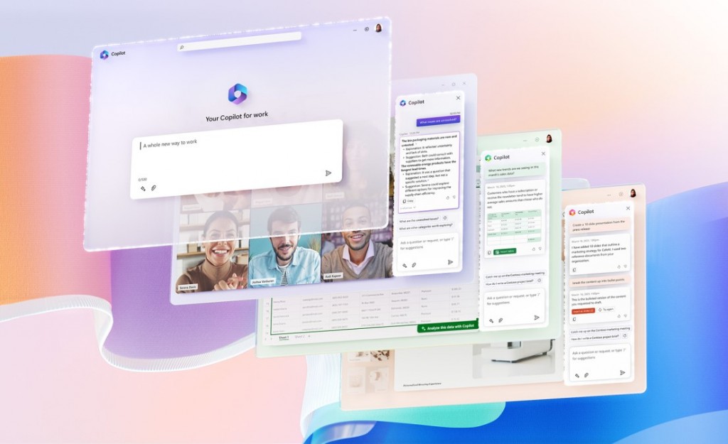 Layered 365 app windows, featuring Copilot sidebars